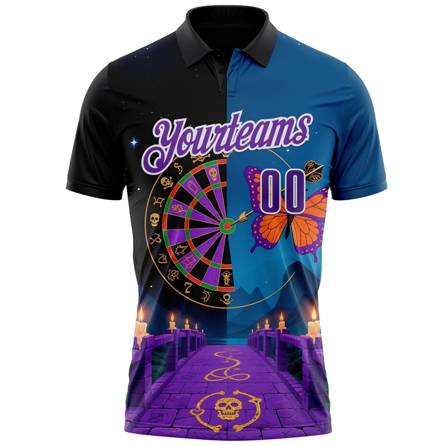 Custom Black Purple Blue-White Darts Day of the Dead Sugar Skull Dartboard Performance Polo Shirt