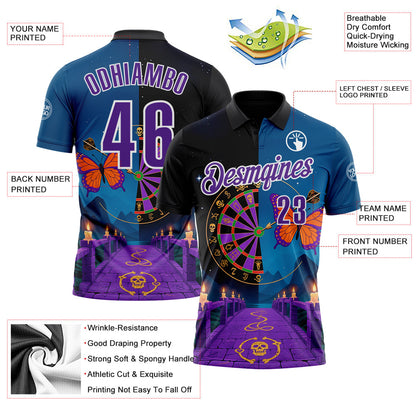 Custom Black Purple Blue-White Darts Day of the Dead Sugar Skull Dartboard Performance Polo Shirt