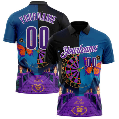 Custom Black Purple Blue-White Darts Day of the Dead Sugar Skull Dartboard Performance Polo Shirt