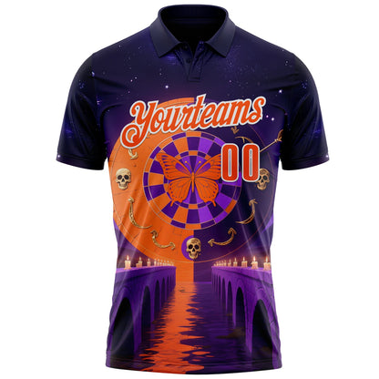 Custom Navy Orange Purple-White Darts Day of the Dead Sugar Skull Dartboard Performance Polo Shirt