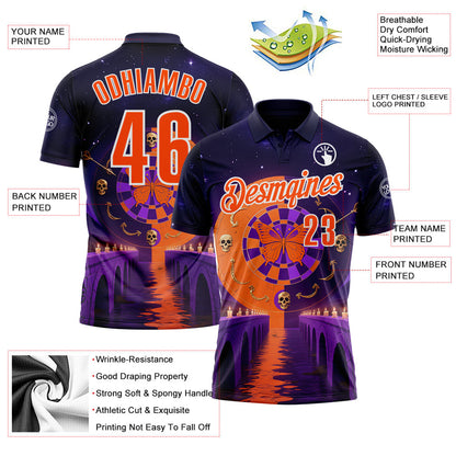 Custom Navy Orange Purple-White Darts Day of the Dead Sugar Skull Dartboard Performance Polo Shirt
