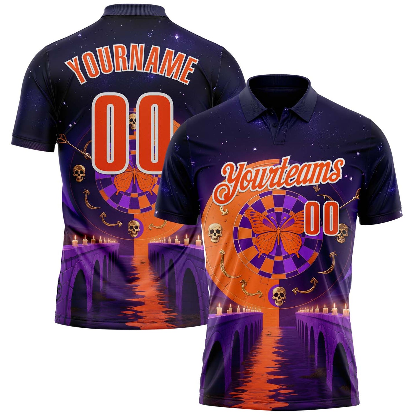 Custom Navy Orange Purple-White Darts Day of the Dead Sugar Skull Dartboard Performance Polo Shirt