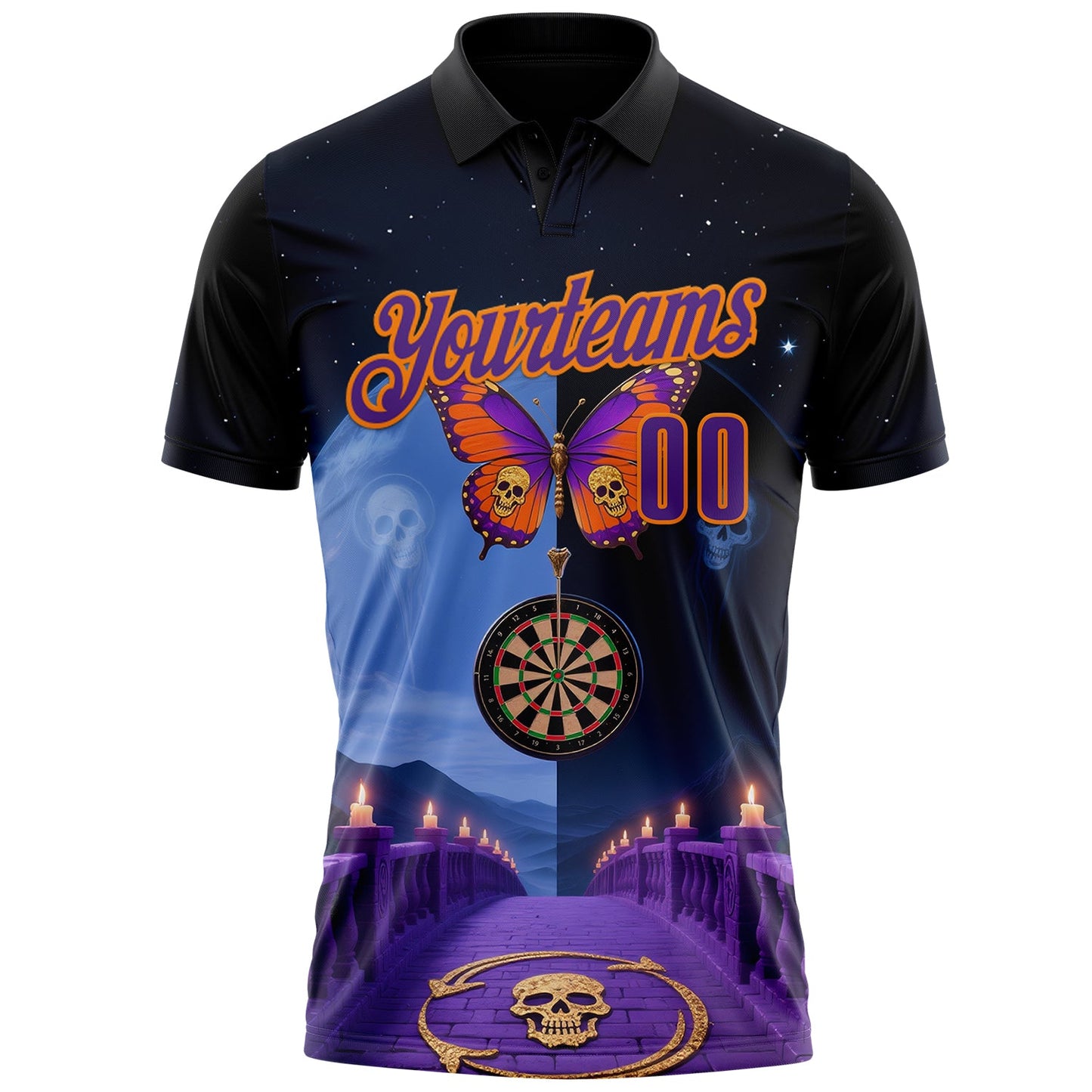 Custom Navy Purple-Bay Orange Darts Skull Butterfly Dartboard Performance Polo Shirt