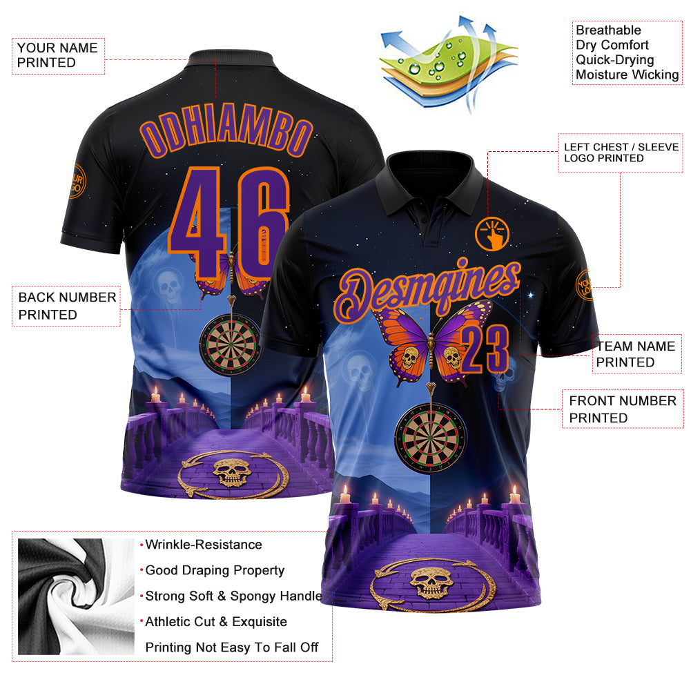 Custom Navy Purple-Bay Orange Darts Skull Butterfly Dartboard Performance Polo Shirt