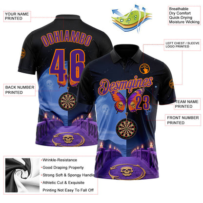 Custom Navy Purple-Bay Orange Darts Skull Butterfly Dartboard Performance Polo Shirt
