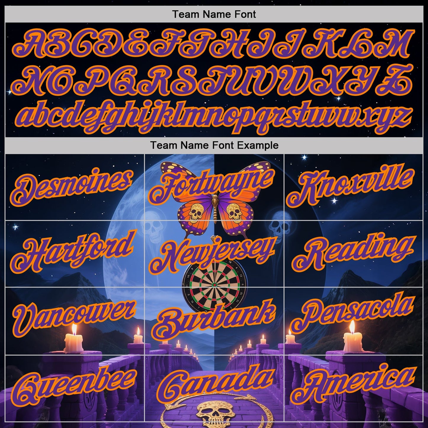 Custom Navy Purple-Bay Orange Darts Skull Butterfly Dartboard Performance Polo Shirt