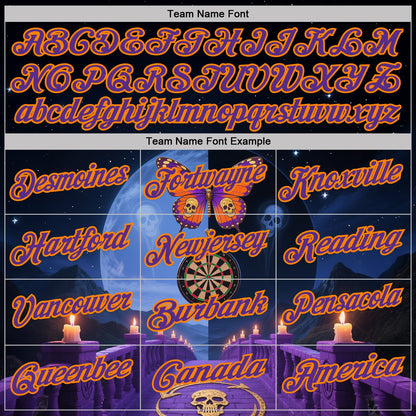 Custom Navy Purple-Bay Orange Darts Skull Butterfly Dartboard Performance Polo Shirt