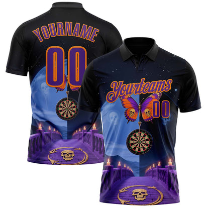 Custom Navy Purple-Bay Orange Darts Skull Butterfly Dartboard Performance Polo Shirt
