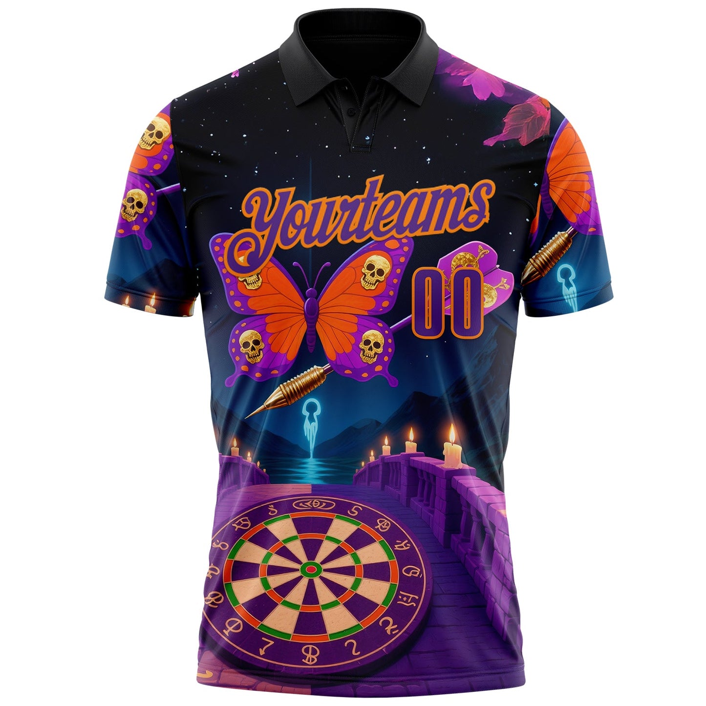 Custom Black Purple-Bay Orange Darts Skull Butterfly Dartboard Performance Polo Shirt