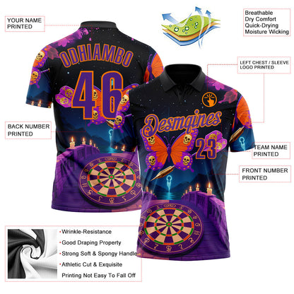 Custom Black Purple-Bay Orange Darts Skull Butterfly Dartboard Performance Polo Shirt
