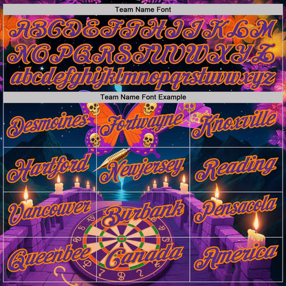 Custom Black Purple-Bay Orange Darts Skull Butterfly Dartboard Performance Polo Shirt