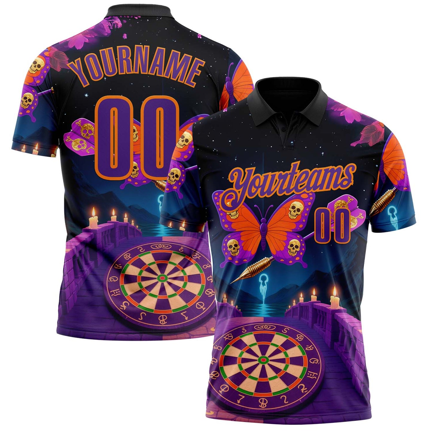 Custom Black Purple-Bay Orange Darts Skull Butterfly Dartboard Performance Polo Shirt
