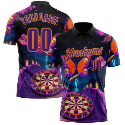 Custom Black Purple-Bay Orange Darts Skull Butterfly Dartboard Performance Polo Shirt