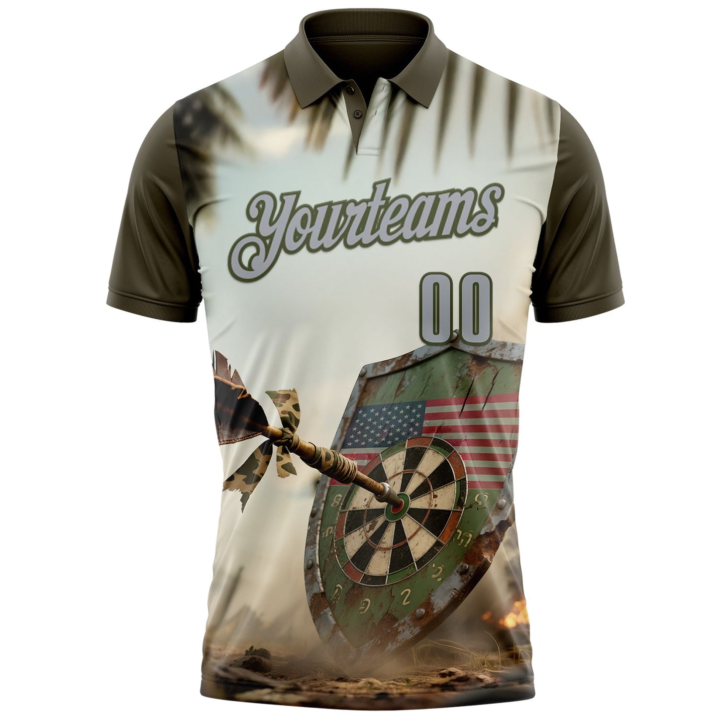 Custom Cream Gray-Olive Darts American Flag Dartboard Performance Polo Shirt