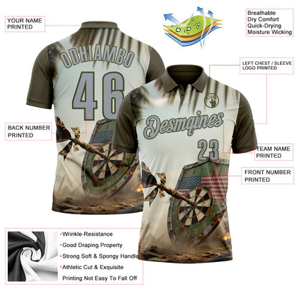 Custom Cream Gray-Olive Darts American Flag Dartboard Performance Polo Shirt