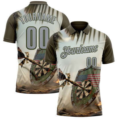 Custom Cream Gray-Olive Darts American Flag Dartboard Performance Polo Shirt