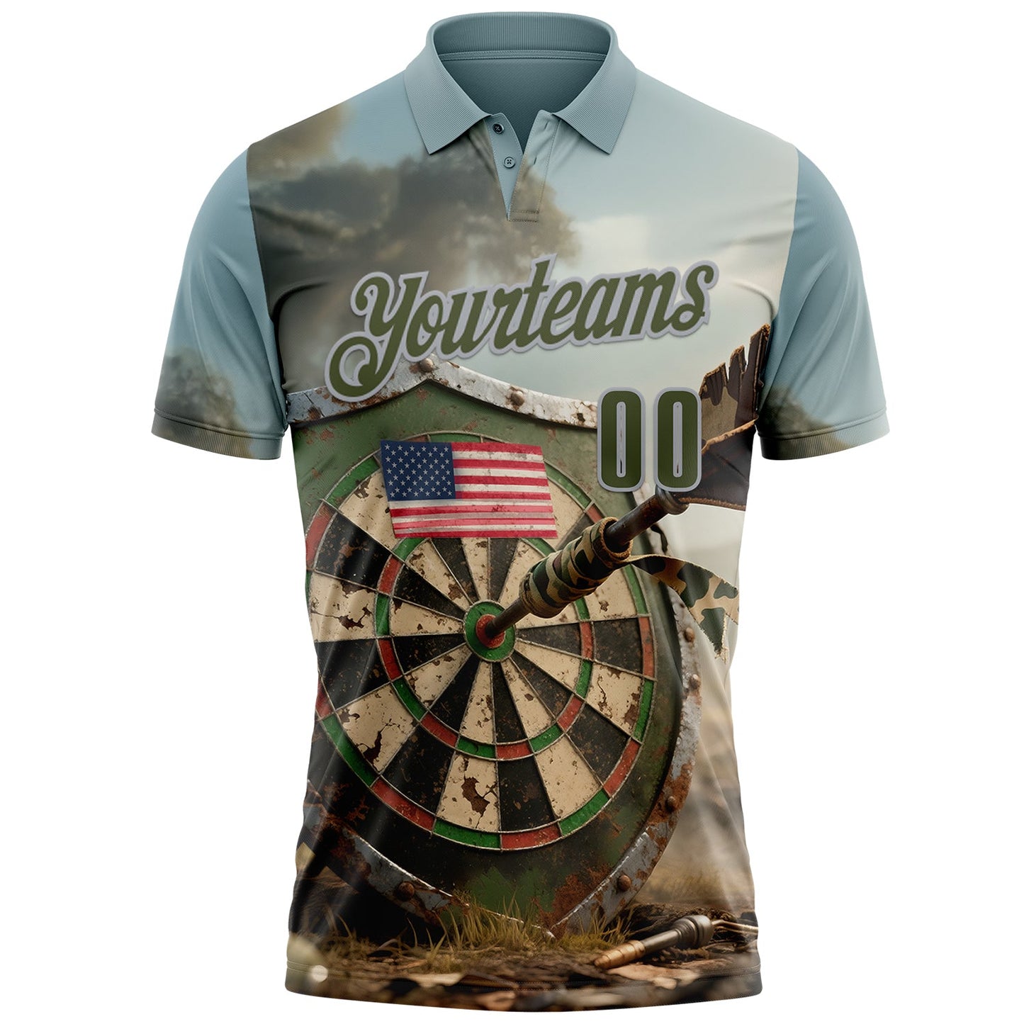 Custom Shadow Blue Olive-Gray Darts American Flag Dartboard Performance Polo Shirt