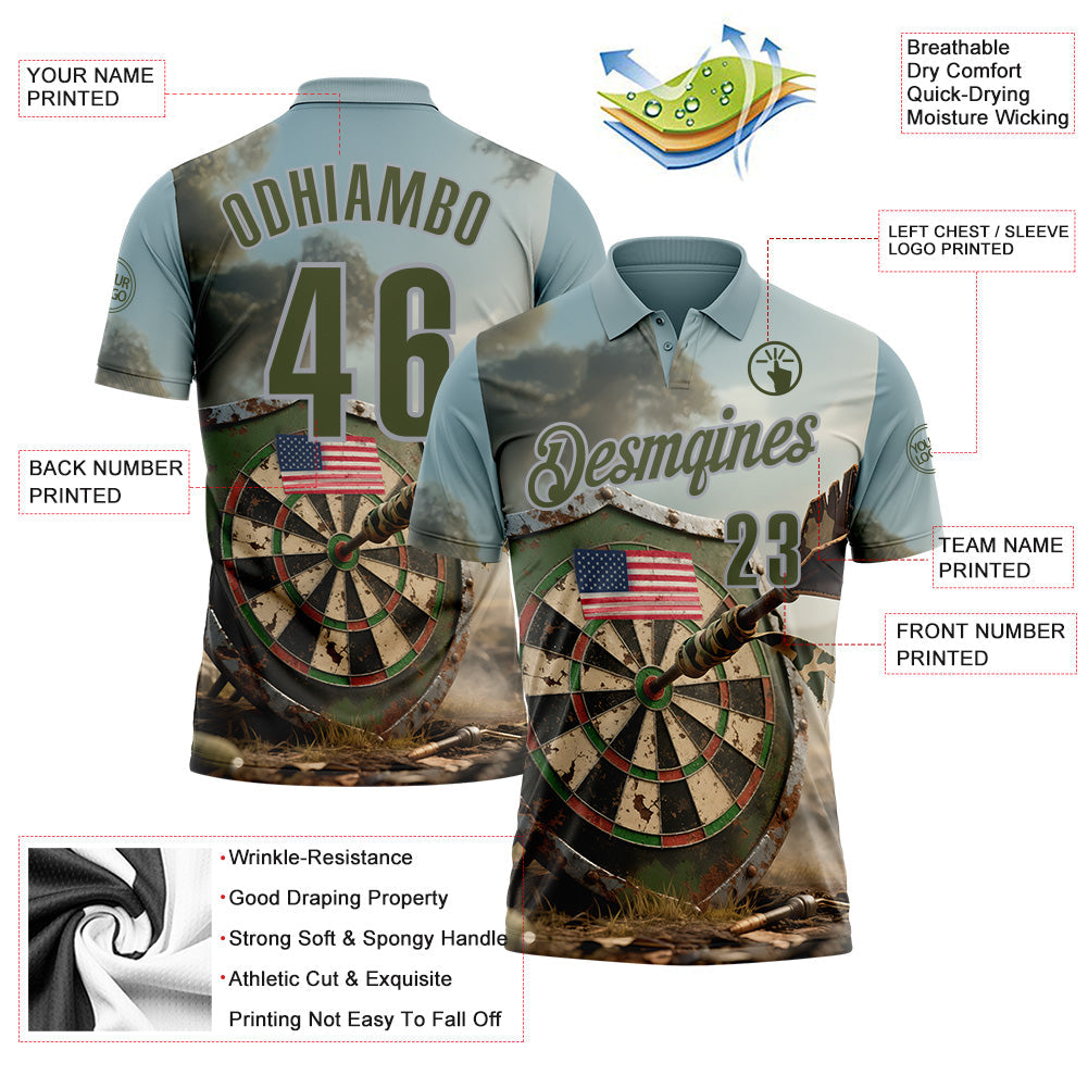 Custom Shadow Blue Olive-Gray Darts American Flag Dartboard Performance Polo Shirt