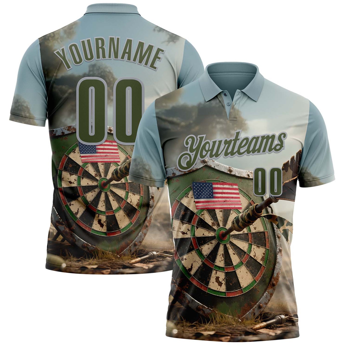 Custom Shadow Blue Olive-Gray Darts American Flag Dartboard Performance Polo Shirt