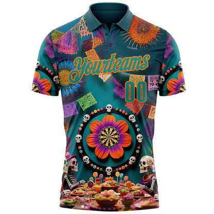 Custom Teal-Orange Darts Day of the Dead Sugar Skull Dartboard Performance Polo Shirt