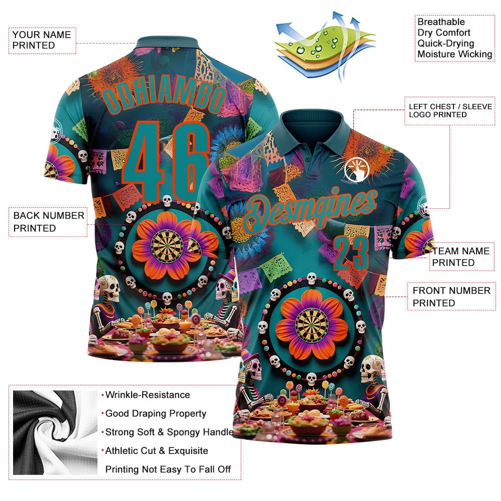 Custom Teal-Orange Darts Day of the Dead Sugar Skull Dartboard Performance Polo Shirt