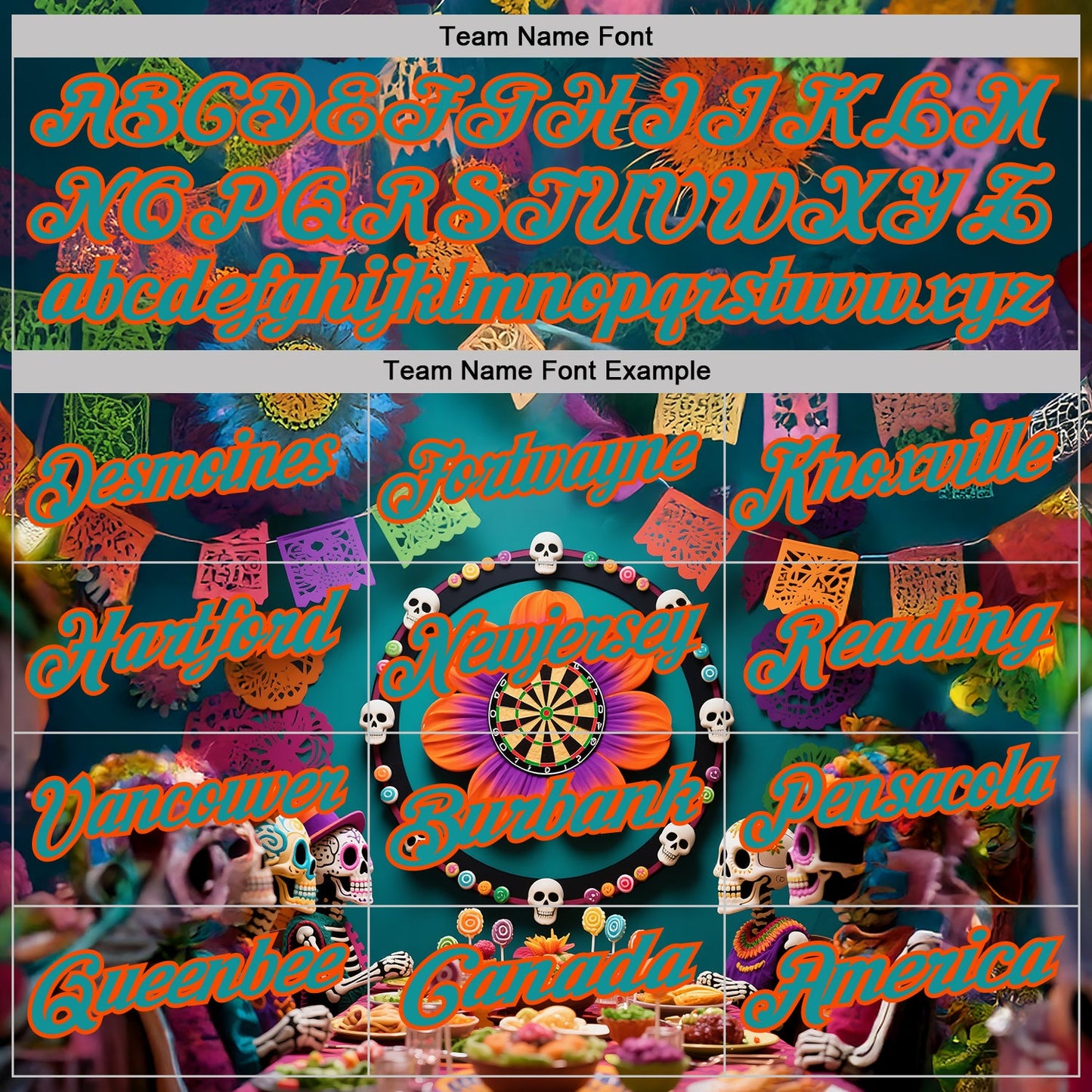 Custom Teal-Orange Darts Day of the Dead Sugar Skull Dartboard Performance Polo Shirt