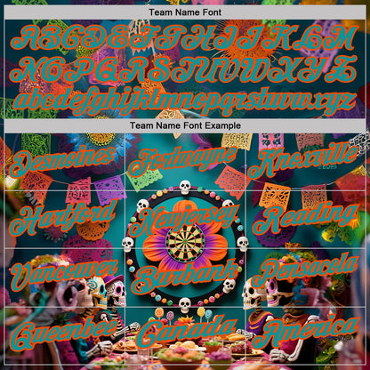 Custom Teal-Orange Darts Day of the Dead Sugar Skull Dartboard Performance Polo Shirt