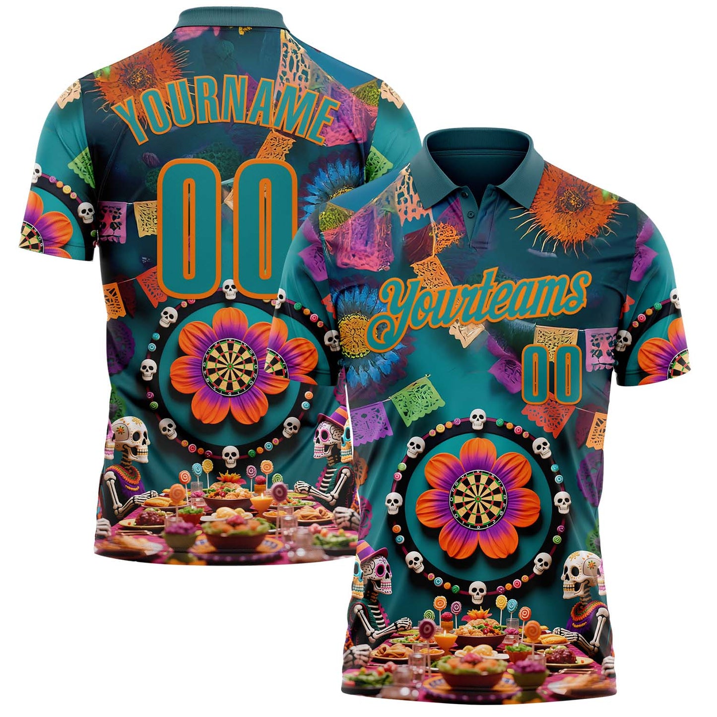 Custom Teal-Orange Darts Day of the Dead Sugar Skull Dartboard Performance Polo Shirt