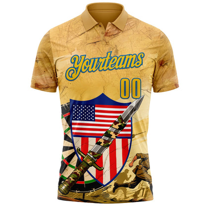 Custom Yellow-Blue Darts Military Camo American Flag Dartboard Performance Polo Shirt