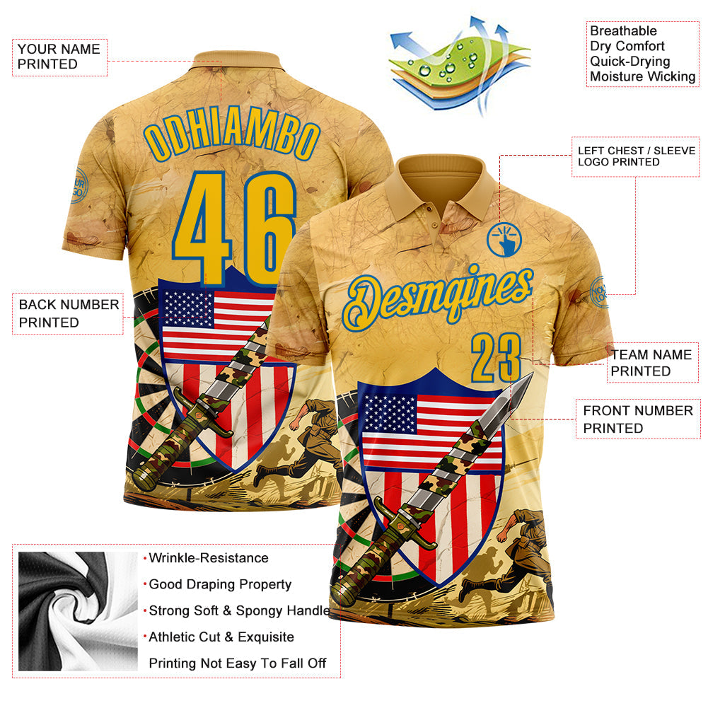 Custom Yellow-Blue Darts Military Camo American Flag Dartboard Performance Polo Shirt