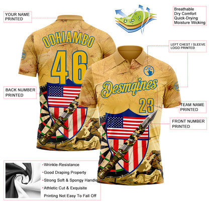 Custom Yellow-Blue Darts Military Camo American Flag Dartboard Performance Polo Shirt