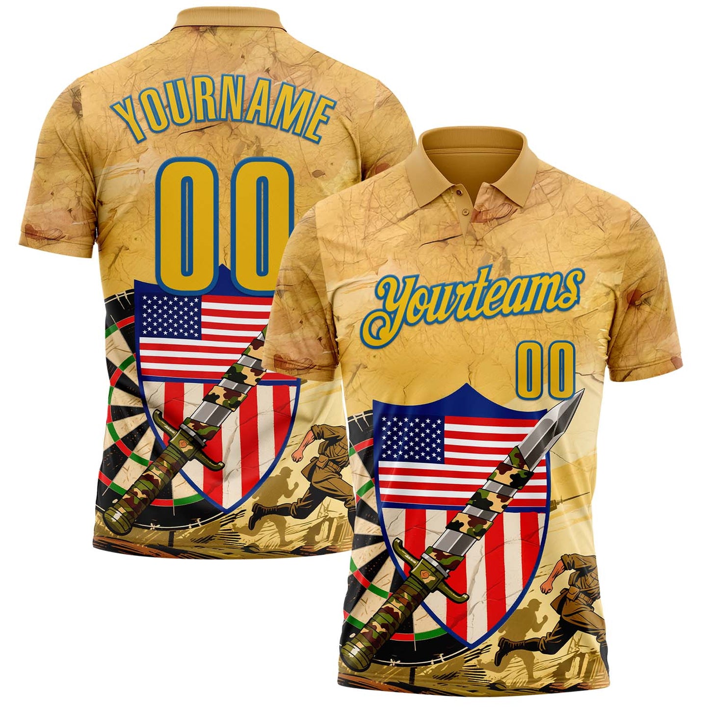 Custom Yellow-Blue Darts Military Camo American Flag Dartboard Performance Polo Shirt