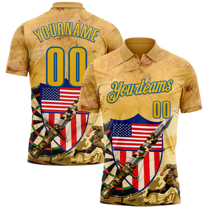 Custom Yellow-Blue Darts Military Camo American Flag Dartboard Performance Polo Shirt