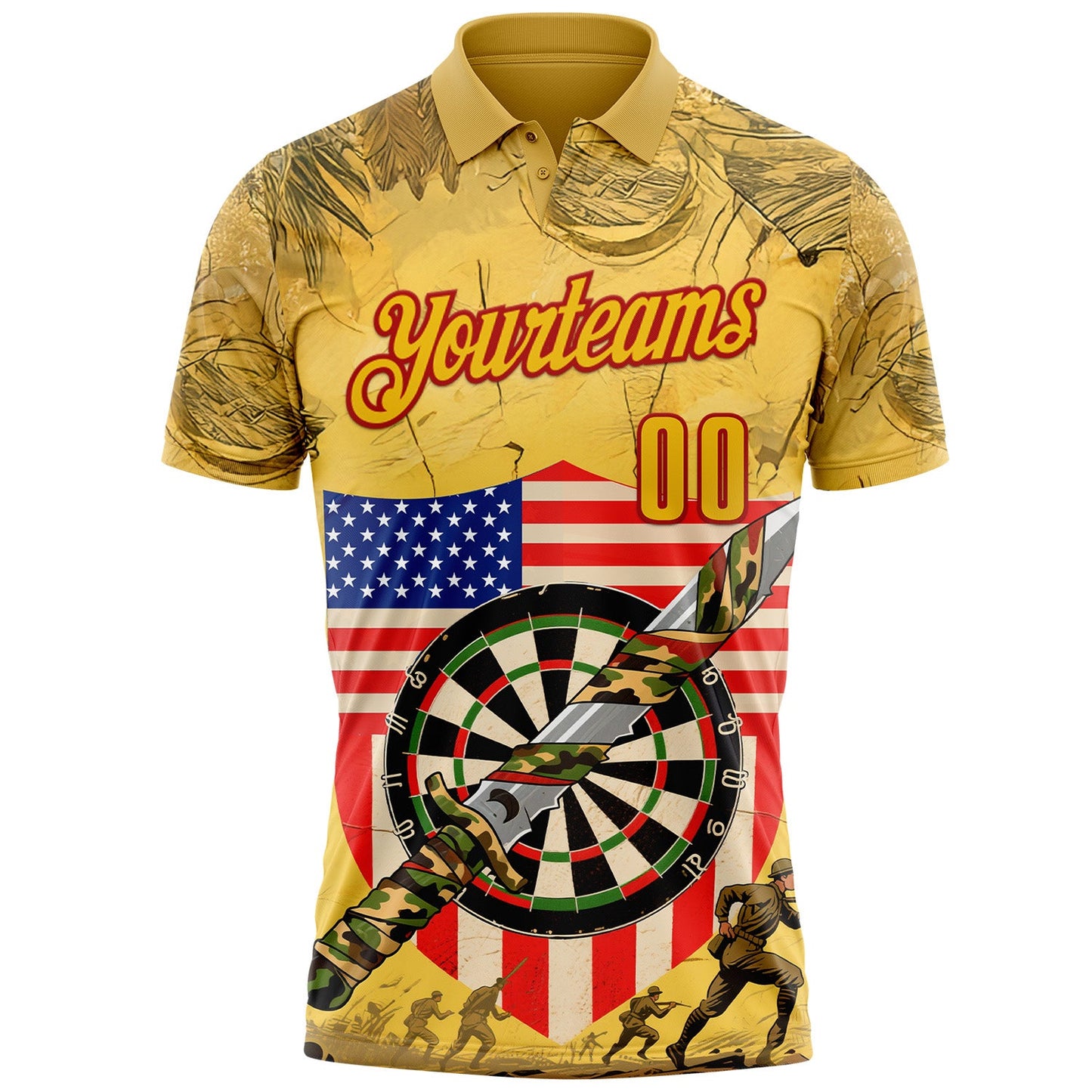 Custom Yellow-Red Darts Military Camo American Flag Dartboard Performance Polo Shirt