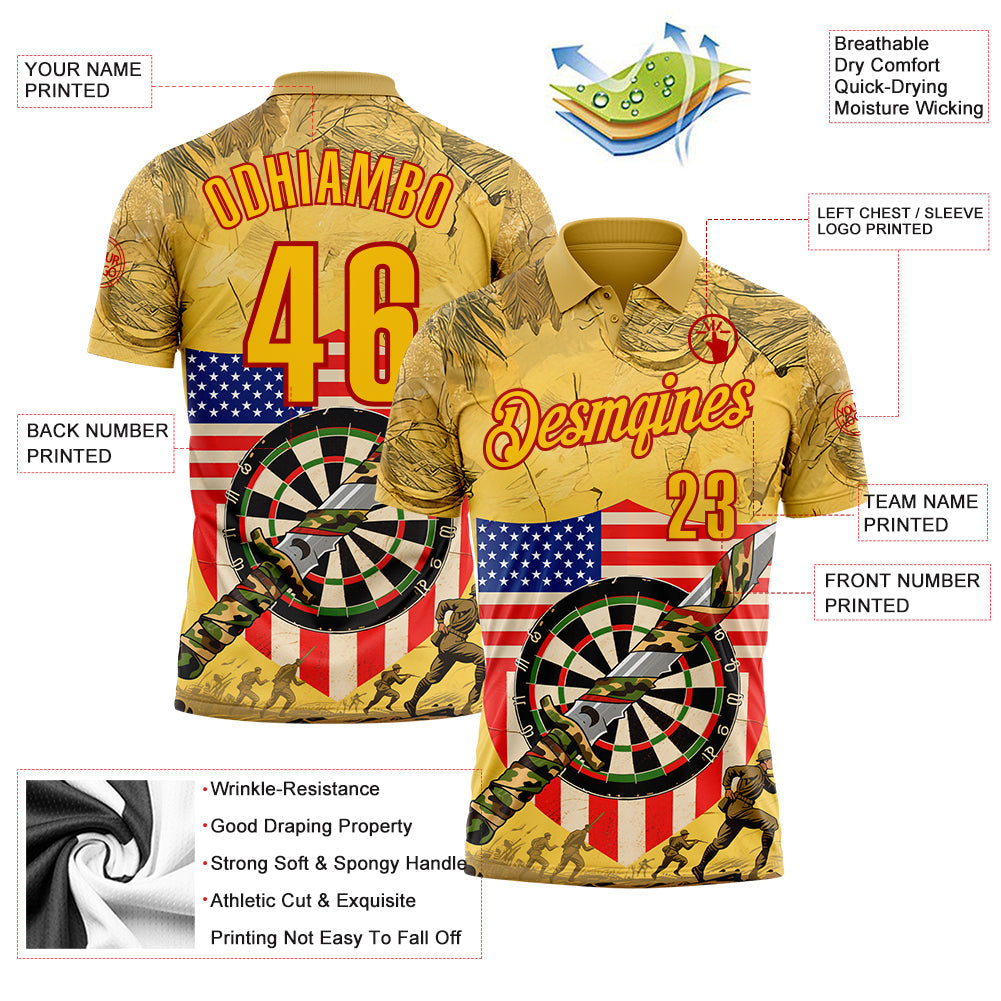 Custom Yellow-Red Darts Military Camo American Flag Dartboard Performance Polo Shirt