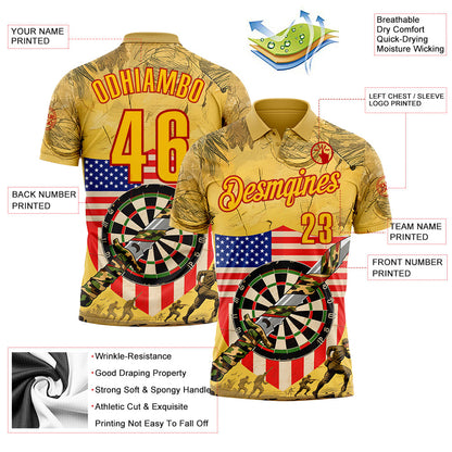 Custom Yellow-Red Darts Military Camo American Flag Dartboard Performance Polo Shirt