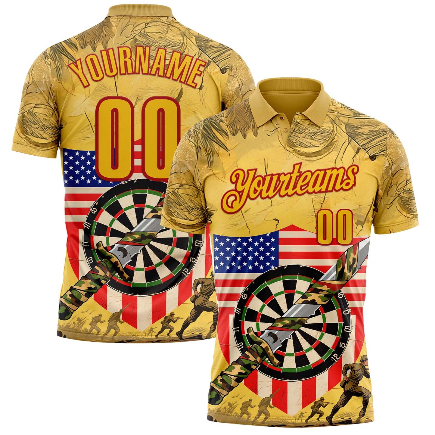 Custom Yellow-Red Darts Military Camo American Flag Dartboard Performance Polo Shirt