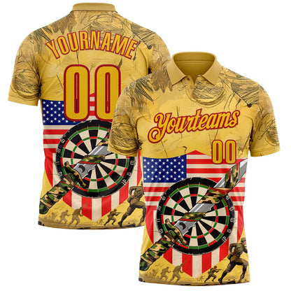 Custom Yellow-Red Darts Military Camo American Flag Dartboard Performance Polo Shirt