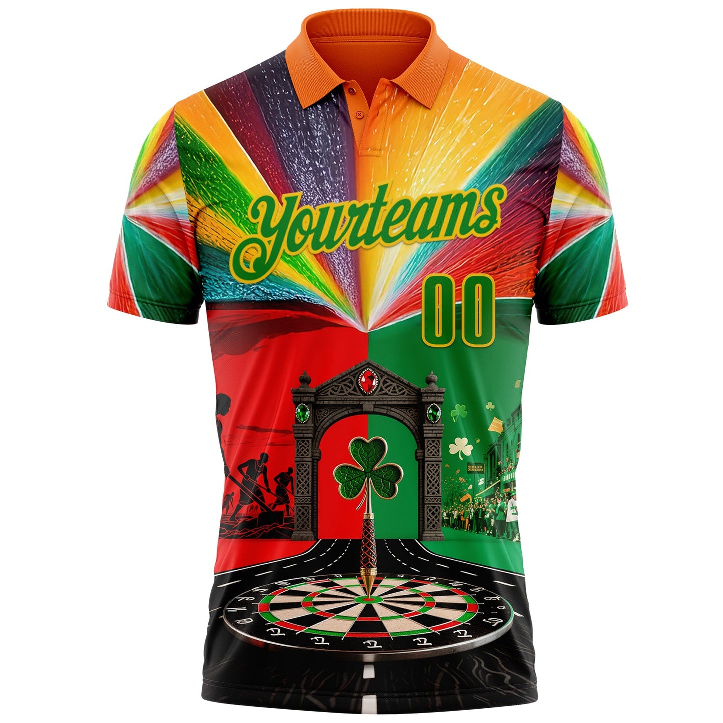 Custom Orange Grass Green-Yellow Darts St.Patrick's Day Shamrock Dartboard Performance Polo Shirt