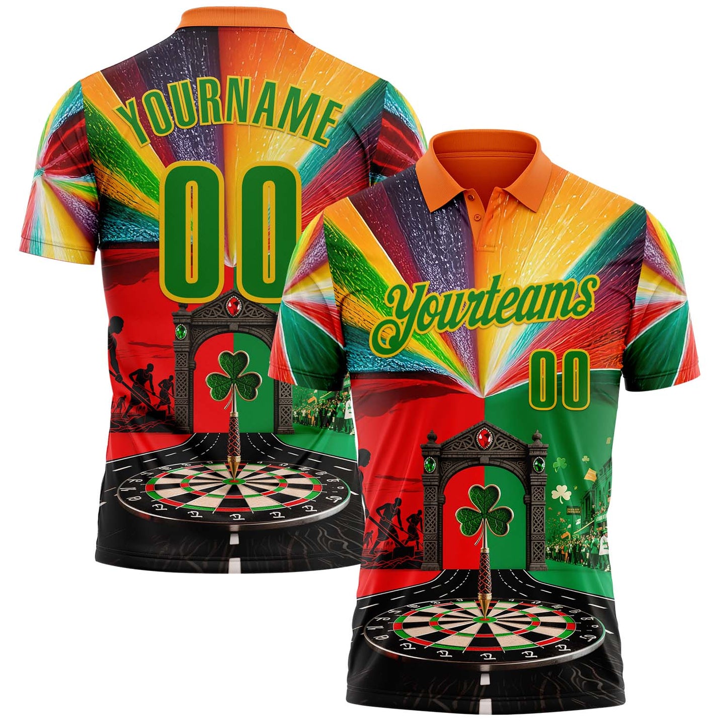 Custom Orange Grass Green-Yellow Darts St.Patrick's Day Shamrock Dartboard Performance Polo Shirt