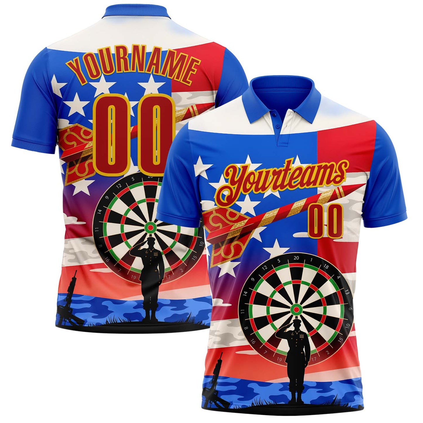 Custom Blue Red-Yellow Darts Military American Flag Dartboard Performance Polo Shirt