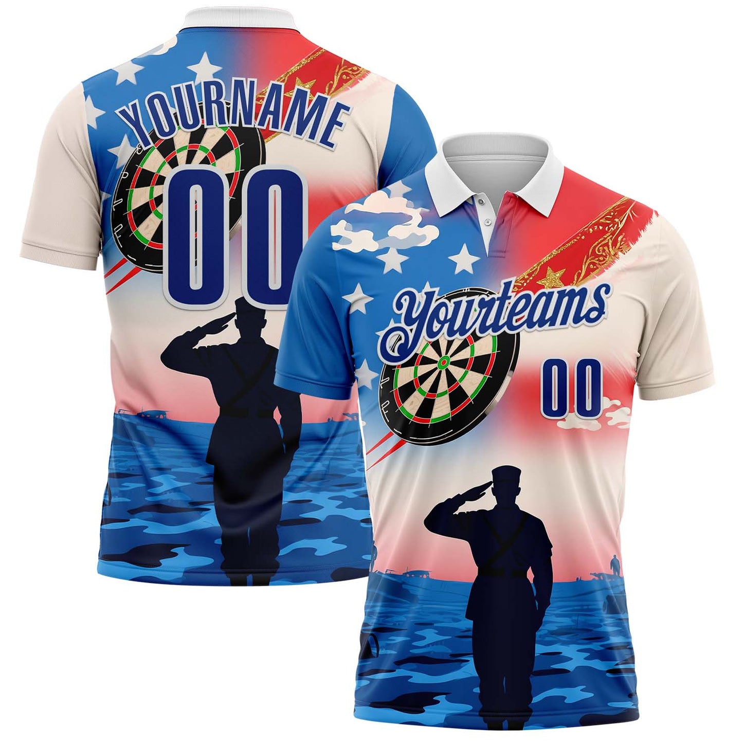 Custom White Royal-Red Darts Military American Flag Dartboard Performance Polo Shirt