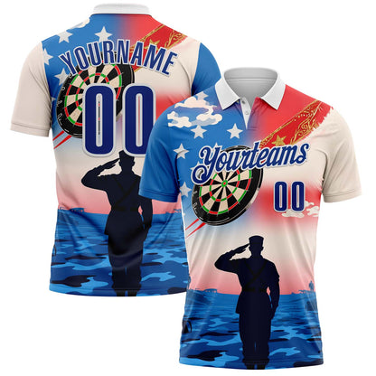 Custom White Royal-Red Darts Military American Flag Dartboard Performance Polo Shirt