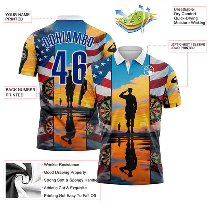 Custom Yellow Royal-White Darts Military American Flag Dartboard Performance Polo Shirt