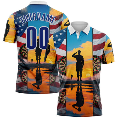 Custom Yellow Royal-White Darts Military American Flag Dartboard Performance Polo Shirt