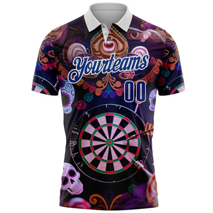 Custom Black Royal-White Darts Day of the Dead Sugar Skull Dartboard Performance Polo Shirt