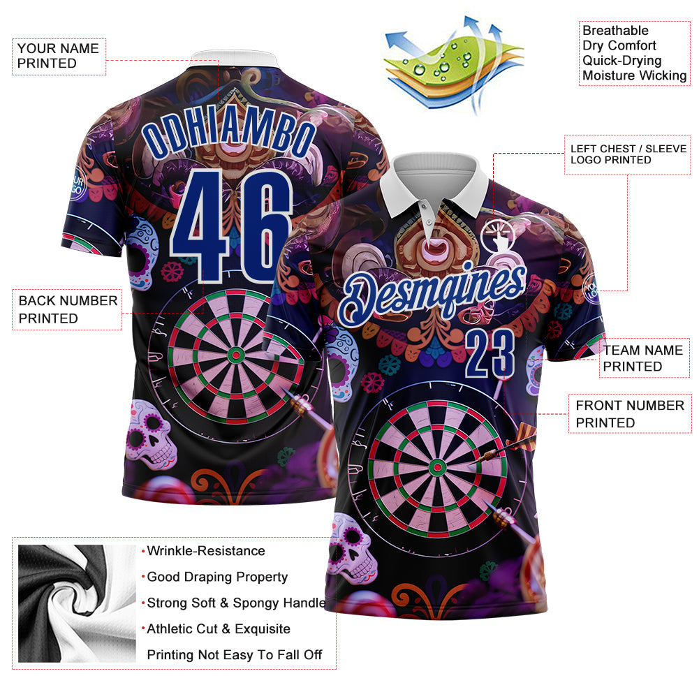 Custom Black Royal-White Darts Day of the Dead Sugar Skull Dartboard Performance Polo Shirt