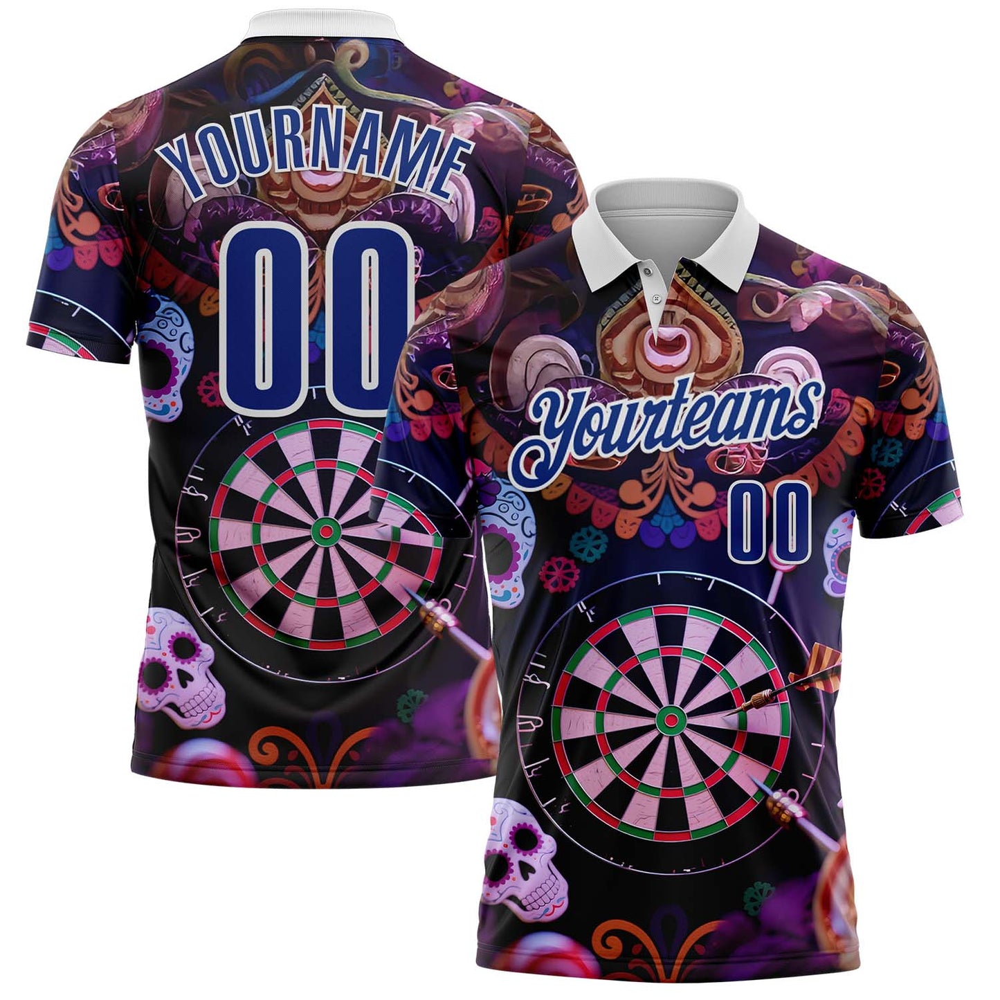 Custom Black Royal-White Darts Day of the Dead Sugar Skull Dartboard Performance Polo Shirt