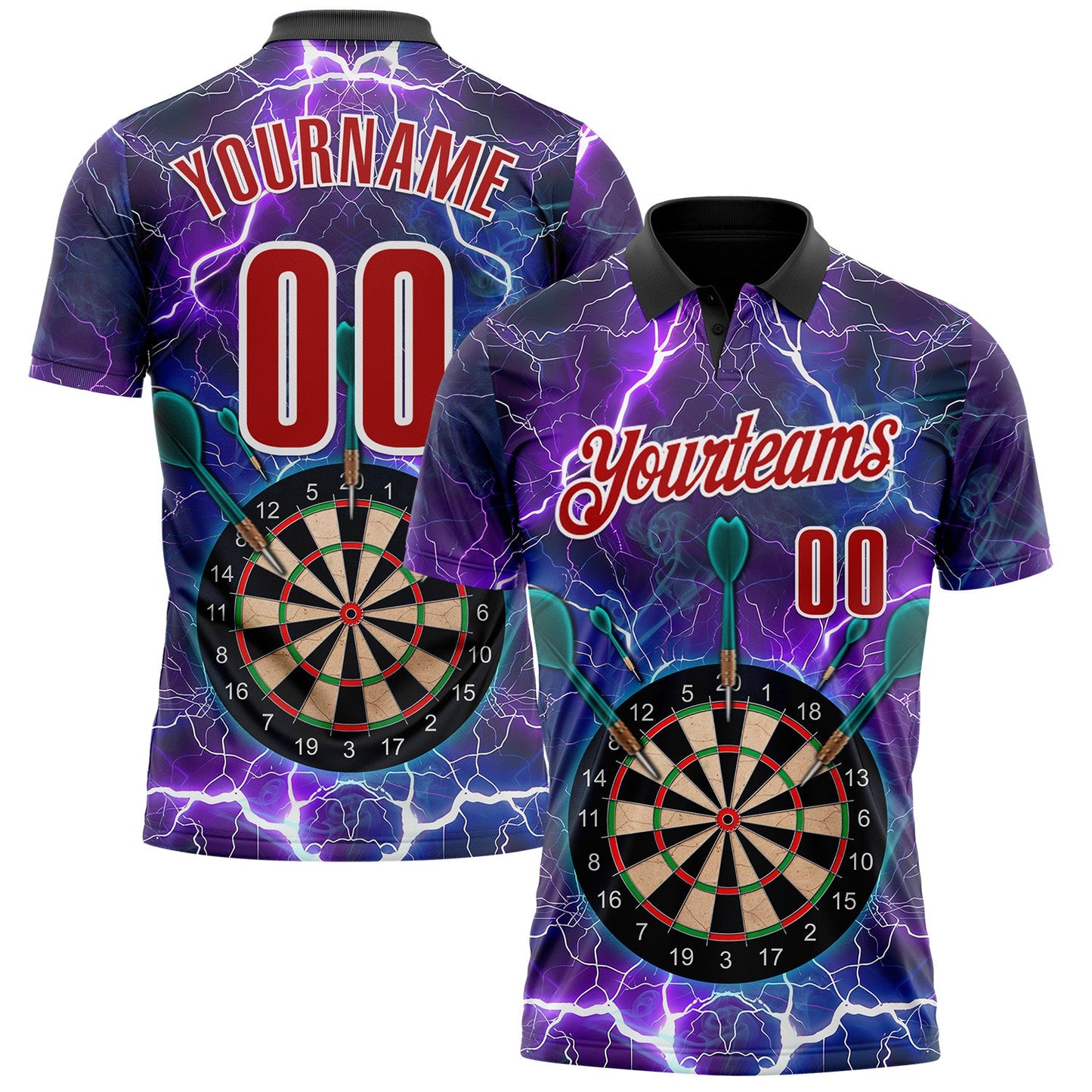 Custom Black Red-White Darts Lightning Dartboard Performance Polo Shirt