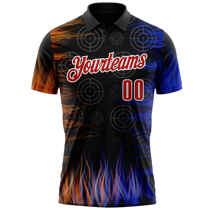 Custom Black Red-White Darts Flame Dartboard Performance Polo Shirt